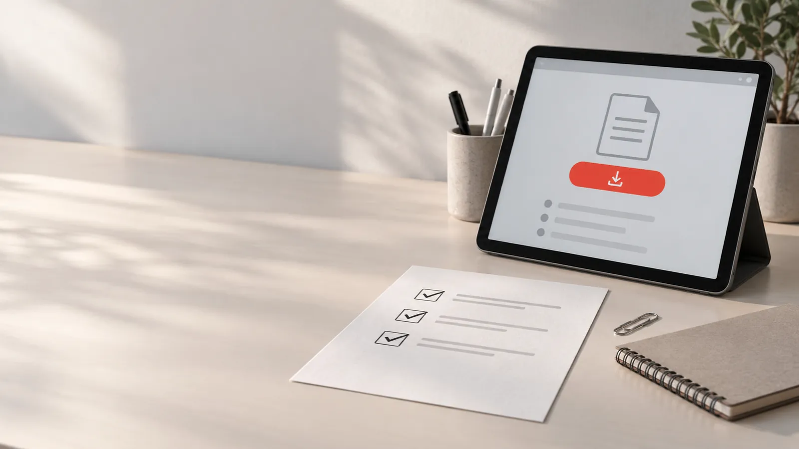 Illustration: gedruckte Checkliste und Tablet mit Download-Seite auf einem Schreibtisch