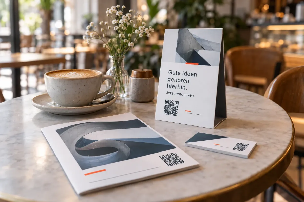 Flyer, Visitenkarte und Tischaufsteller mit QR-Code auf einem Café-Tisch